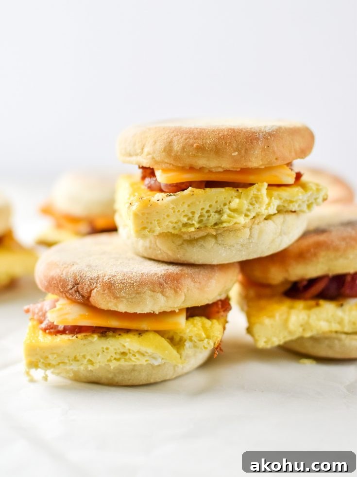 bacon egg breakfast sandwiches stacked