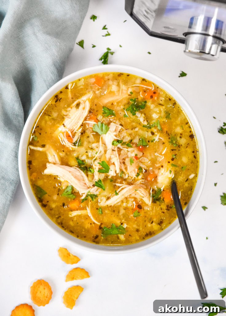 instant pot ginger chicken & rice soup in a bowl with a spoon