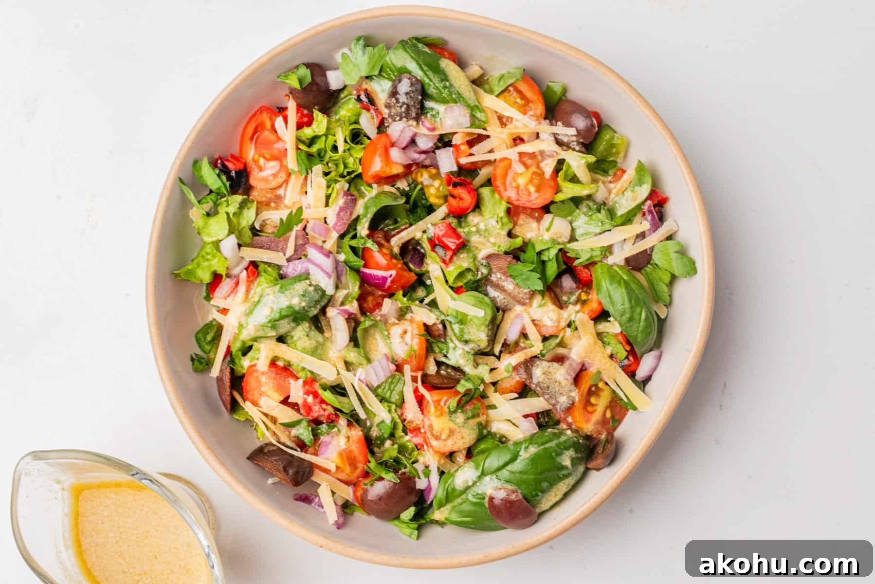 A horizontal image of Italian chopped salad.
