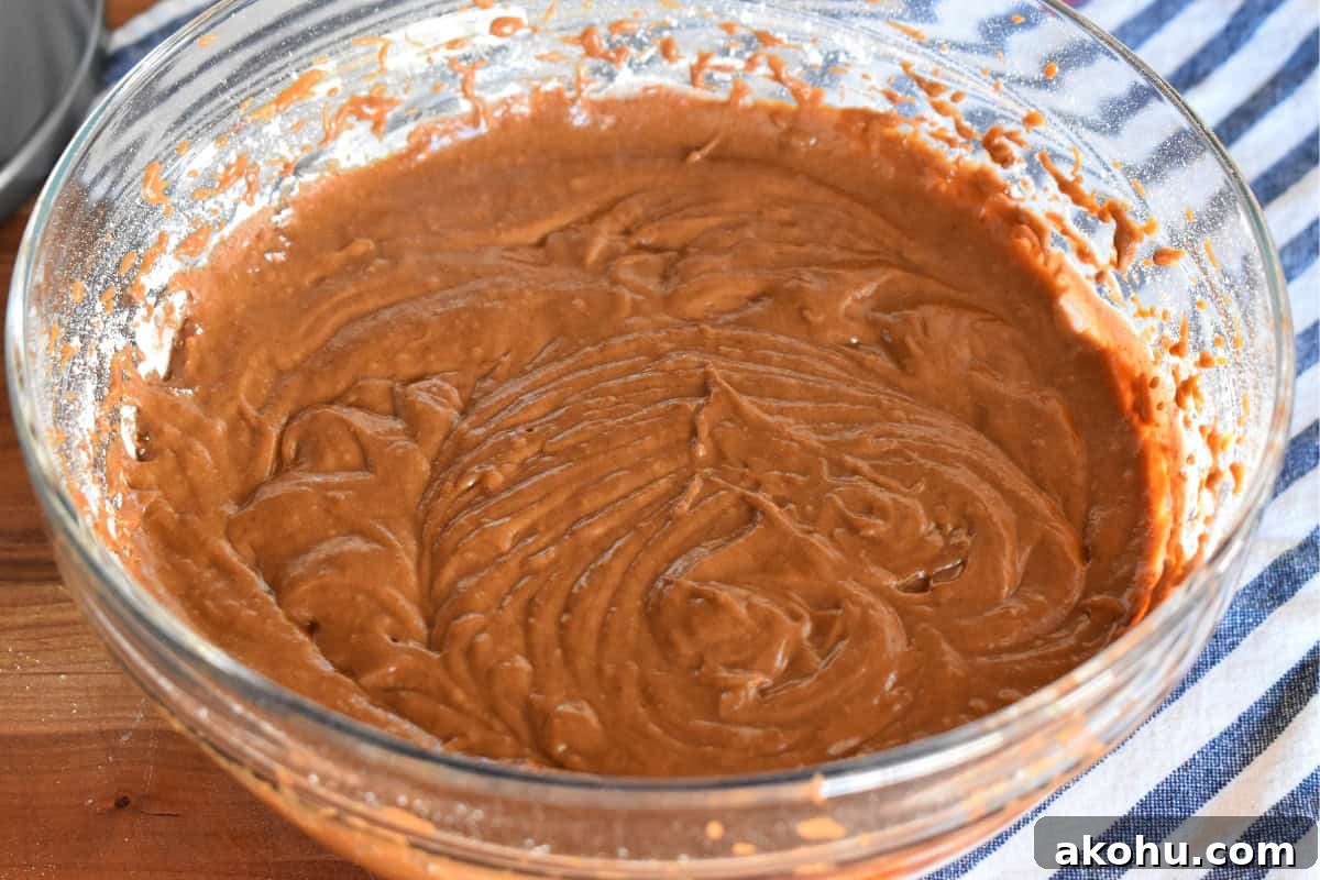 Moist Chocolate Pumpkin Cake Recipe – Simple Fall Dessert 6 Brown batter in a glass bowl.