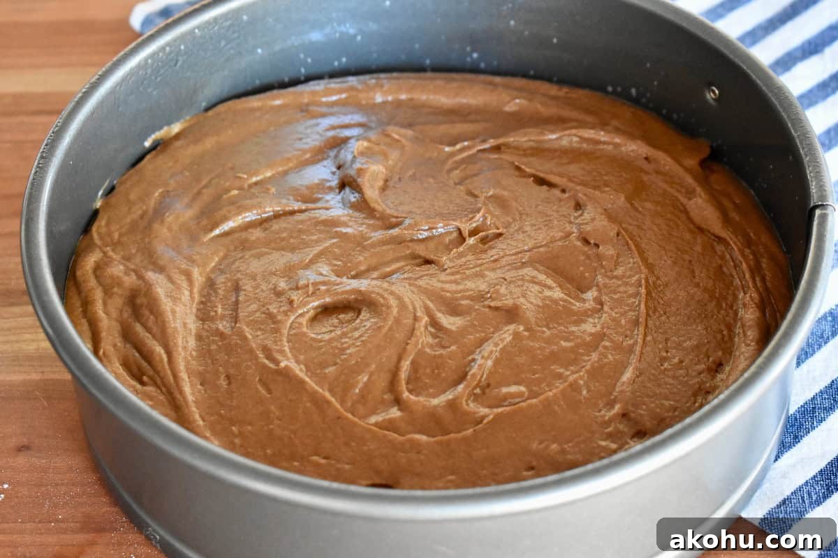 Moist Chocolate Pumpkin Cake Recipe – Simple Fall Dessert 7 Chocolate Pumpkin Cake batter in a springform pan.