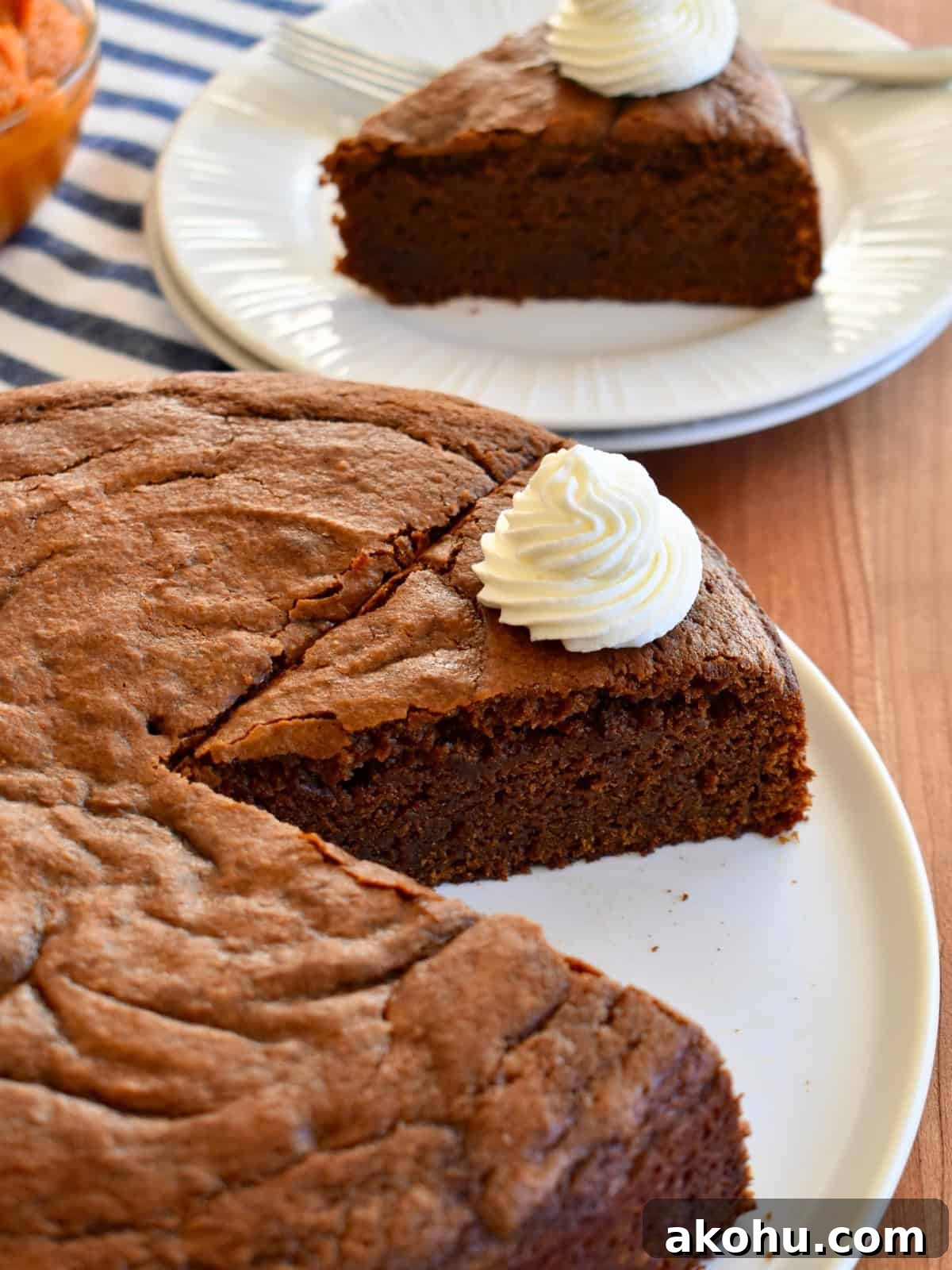 Moist Chocolate Pumpkin Cake Recipe – Simple Fall Dessert 8 Chocolate Pumpkin Cake on a white plate with whipped cream on top.