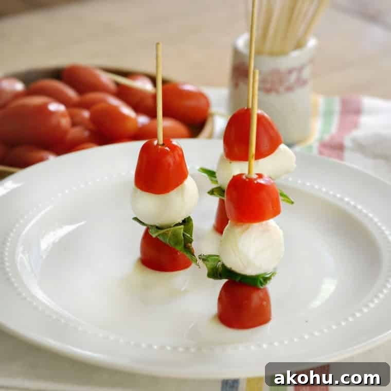 Mini Caprese Skewers: Fresh Tomato, Mozzarella & Basil Bites 3 Caprese Salad Appetizers @loavesanddishes.net