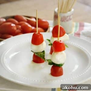 Mini Caprese Skewers: Fresh Tomato, Mozzarella & Basil Bites 4 Caprese Salad Appetizers @loavesanddishes.net