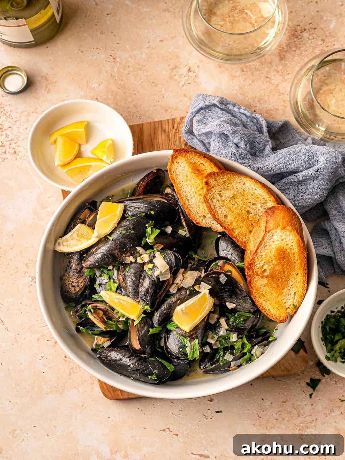 A bowl of white wine mussels next to glasses of white wine.