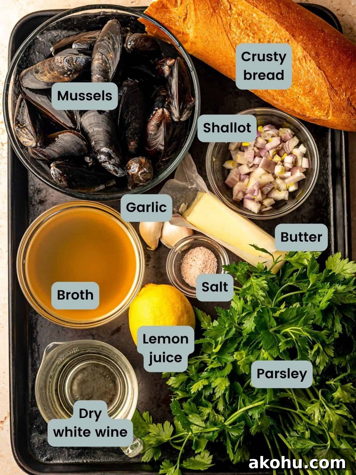 Ingredients needed to make white wine sauce mussels.