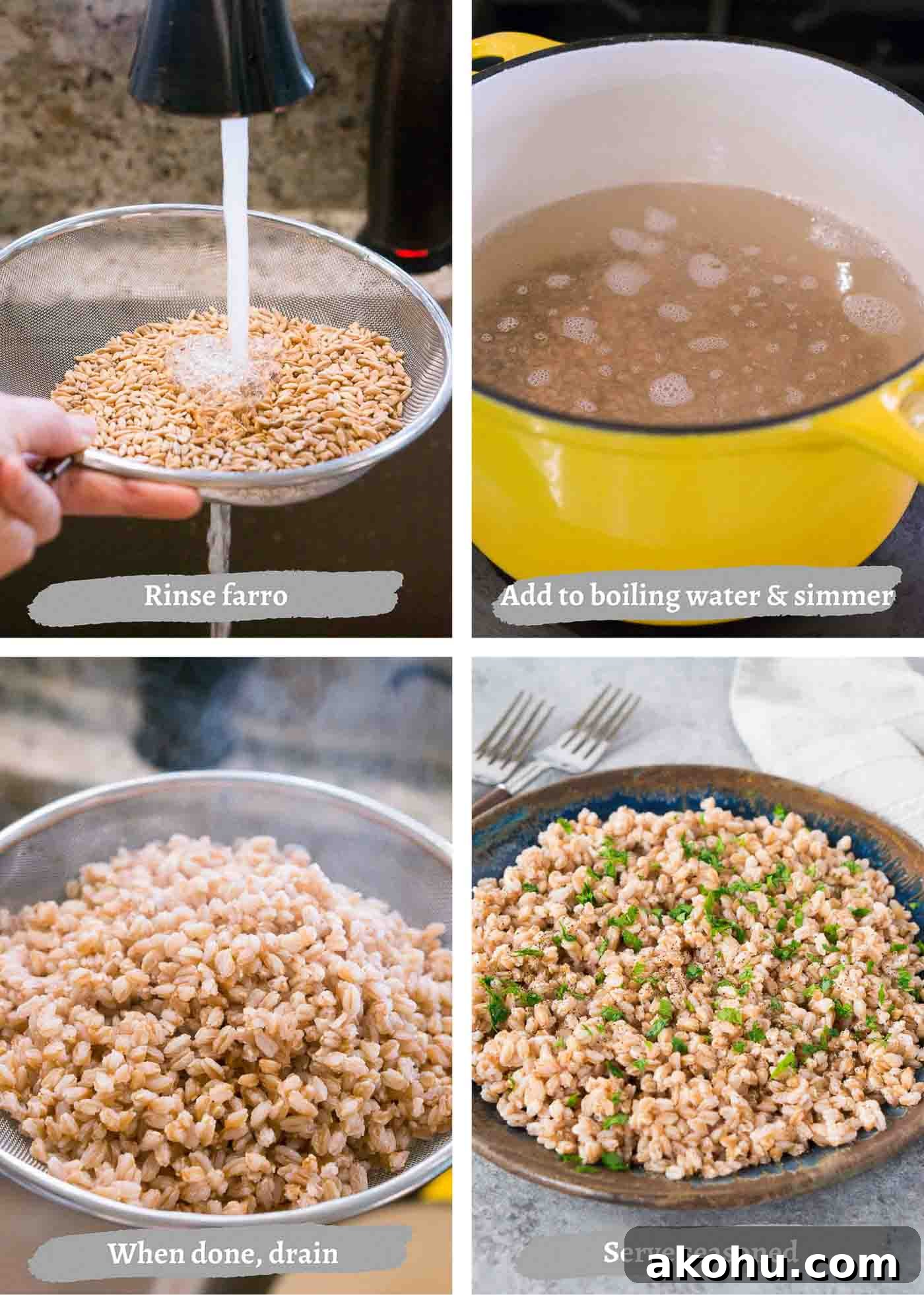 process images of cooking farro on the stove
