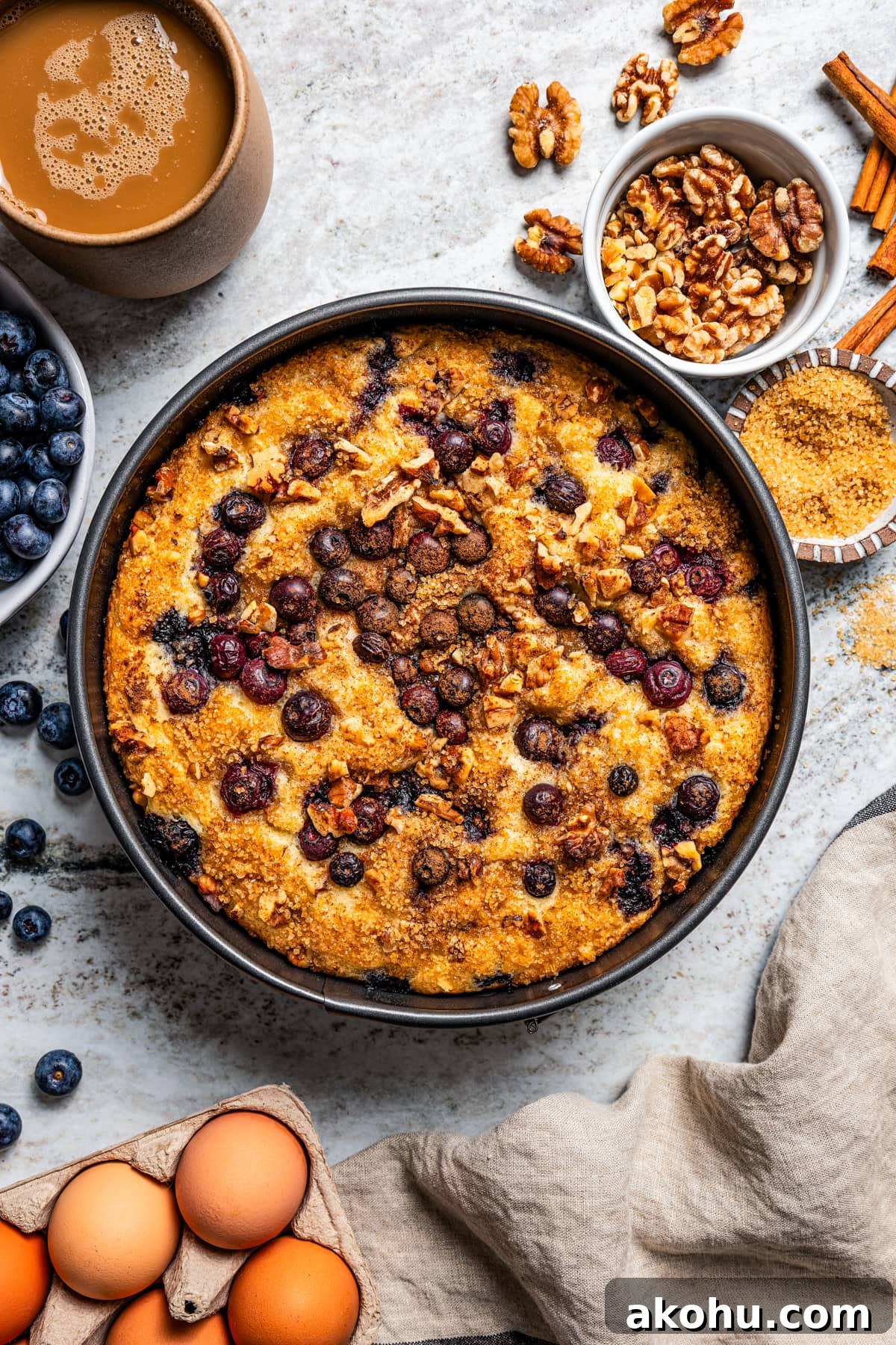 Coffee cake in a round pan.