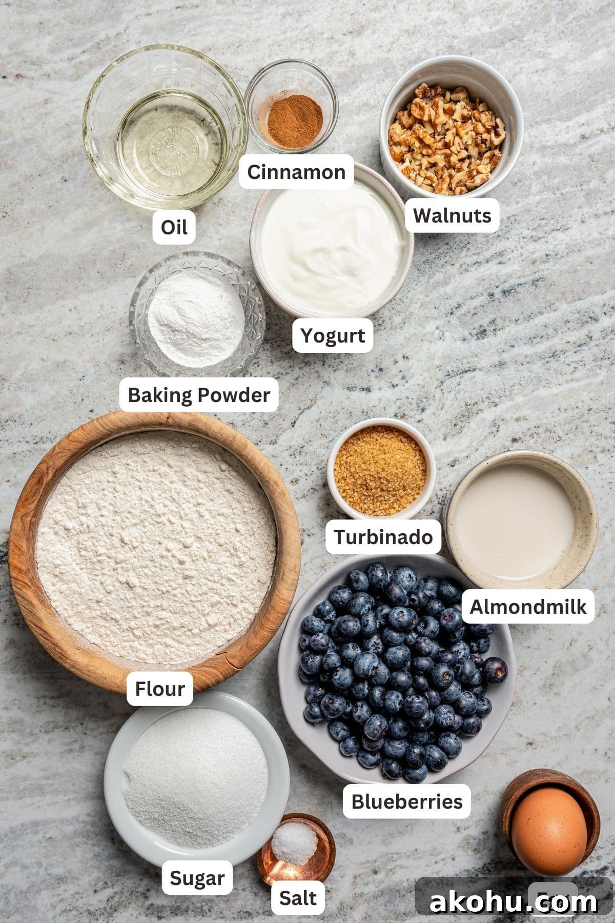 Photo of all the ingredients to make a blueberry coffee cake. 