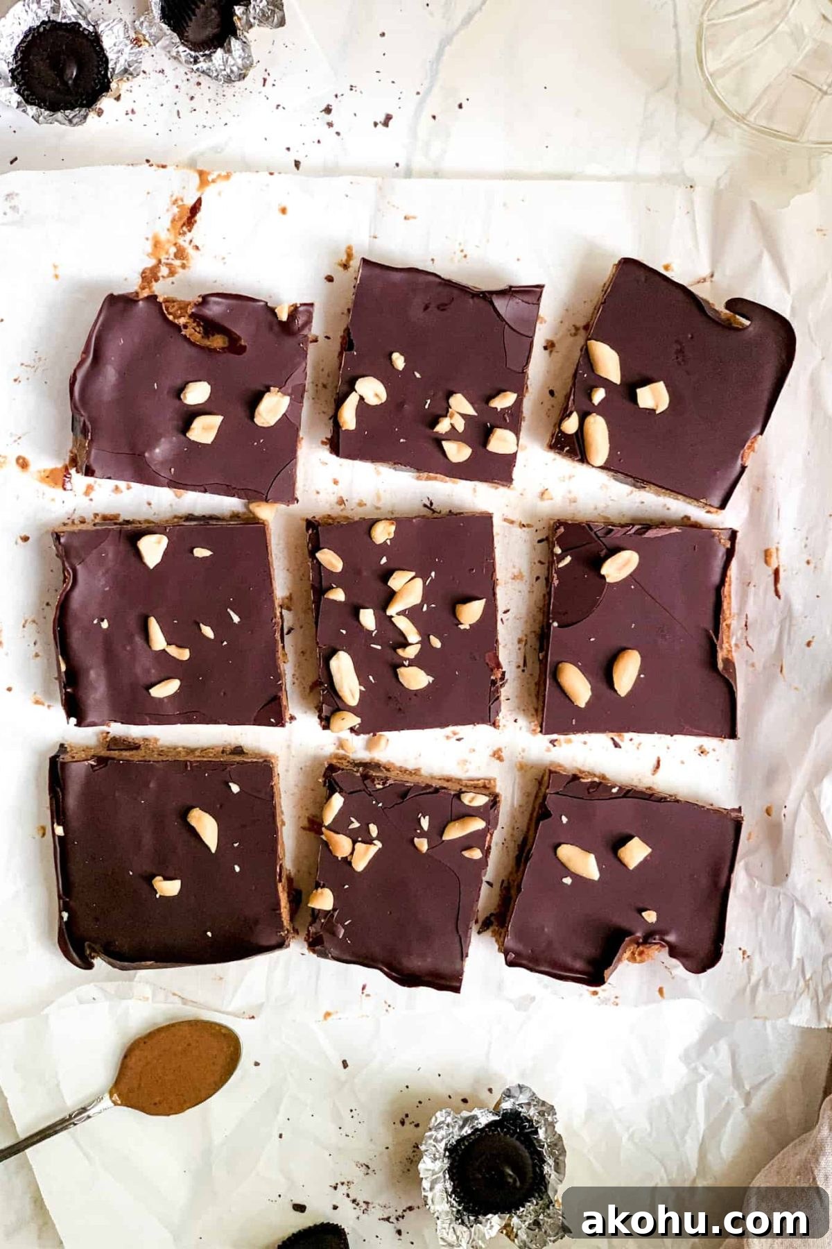 Homemade Dessert Bars with Peanut Butter and Melted Dark Chocolate