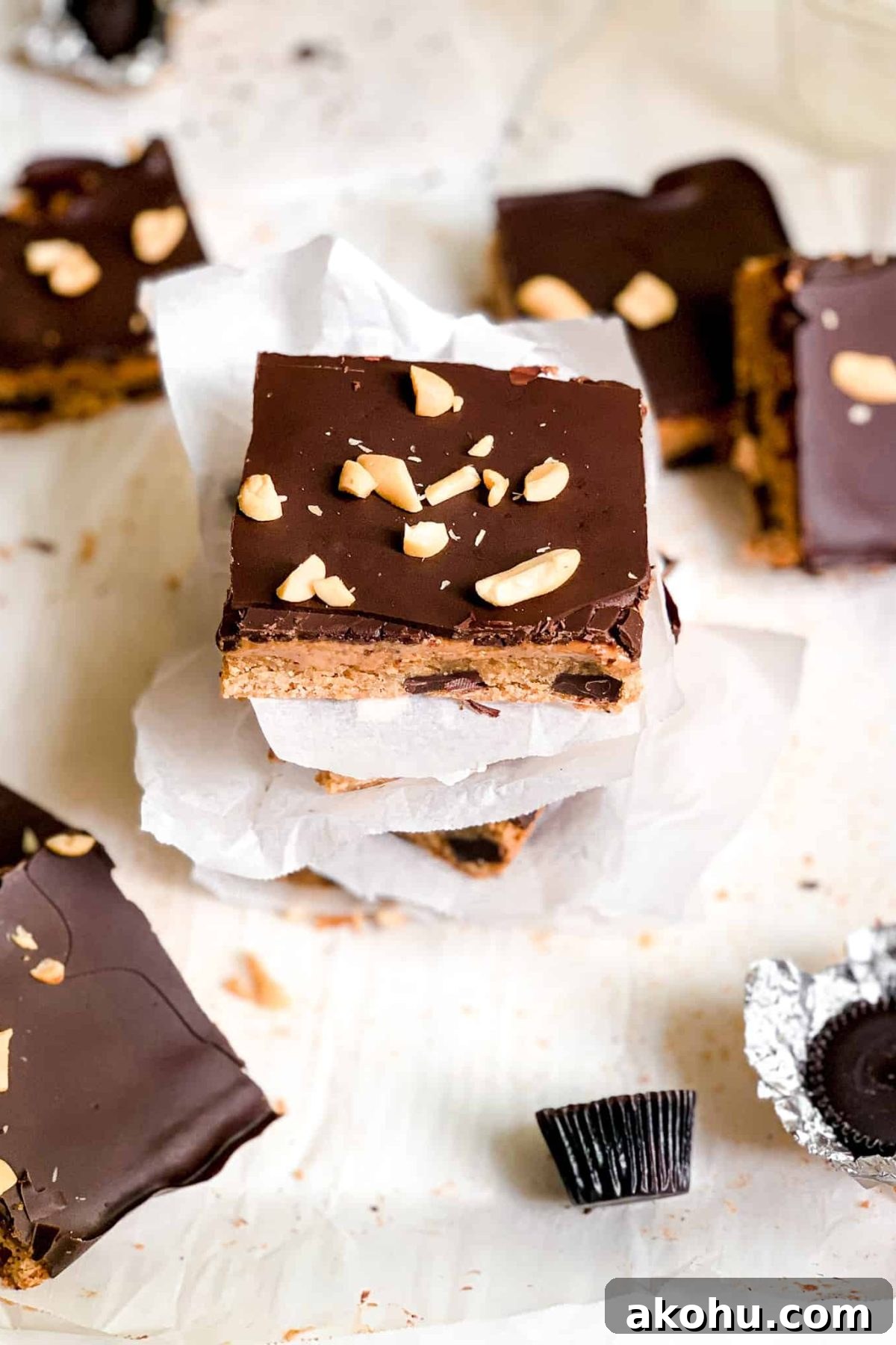 Homemade Dessert Bars with Peanut Butter and Melted Dark Chocolate