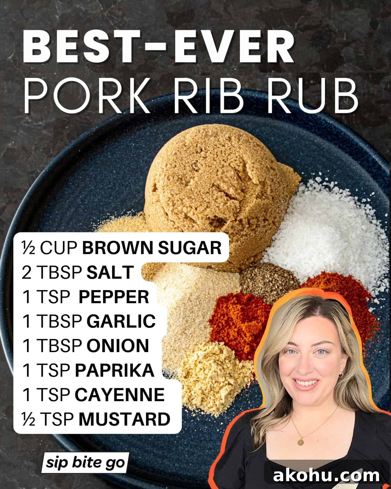 Infographic with List of Ingredients Pork Rib Rub Recipe with spices on a plate and Jenna Passaro with Sip Bite Go logo