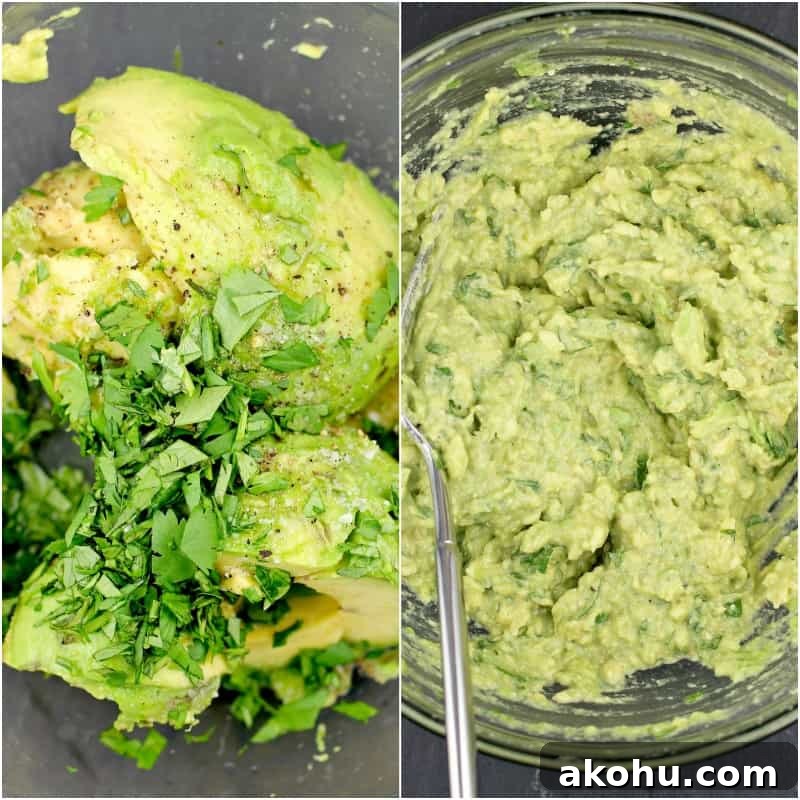collage of 2 photos: left, guacamole ingredients in a glass bowl; right, guacamole ingredients mixed together with a fork