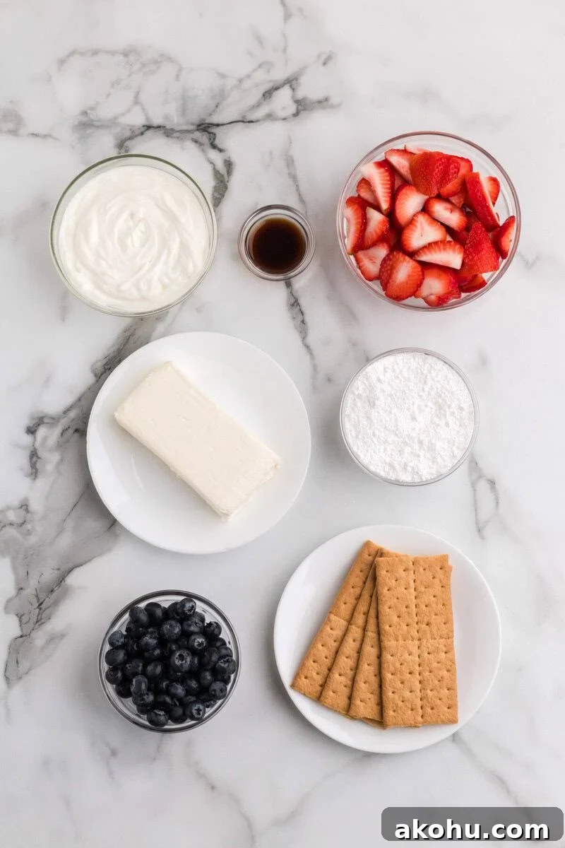 Patriotic Layered Cheesecake Dip for Fourth of July Parties 3 ingredients for the Patriotic Cheesecake Dip.