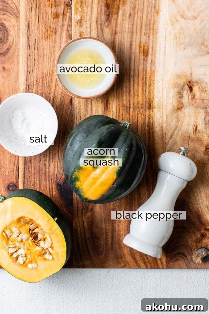 Crispy Air-Fryer Acorn Squash Recipe for Fall Sides 3 The ingredients needed to make air fryer acorn squash.