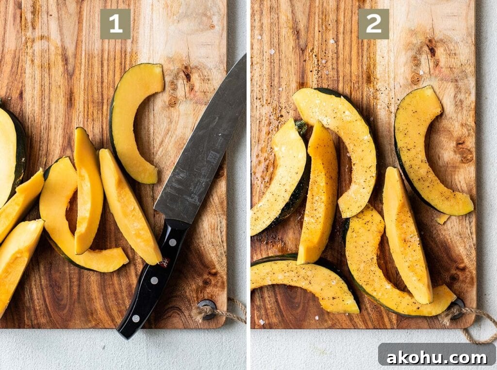 Crispy Air-Fryer Acorn Squash Recipe for Fall Sides 5 Step 1 shows slicing an acorn squash in thin slices. Step 2 shows coating the squash in olive oil and seasoning it with salt and pepper.