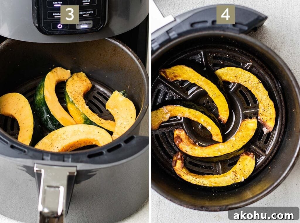 Crispy Air-Fryer Acorn Squash Recipe for Fall Sides 6 Step 3 shows preheating an air fryer at 325º F and step 4 shows air frying the acorn squash for 12 minutes.