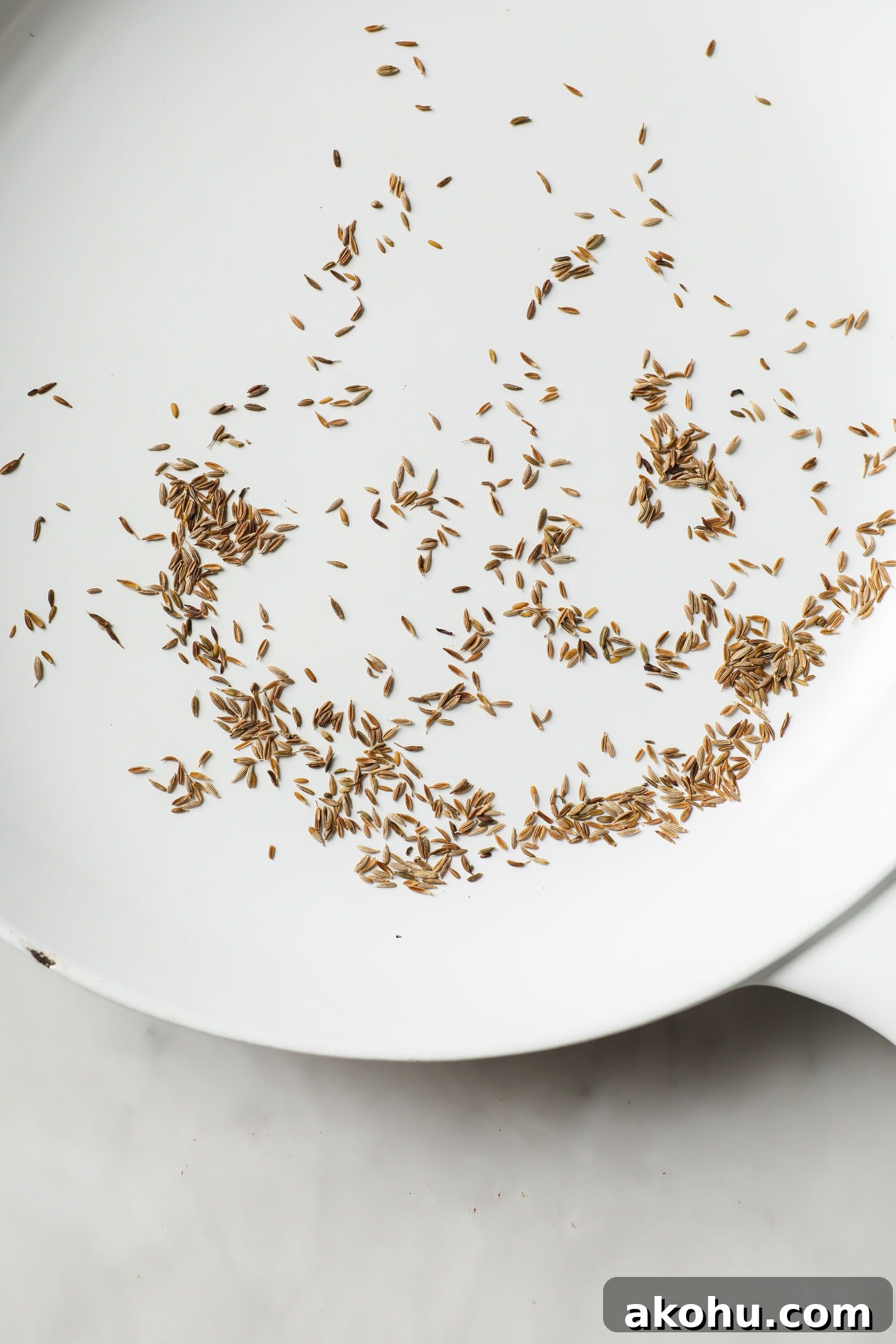 Toasting cumin seeds in a white skillet