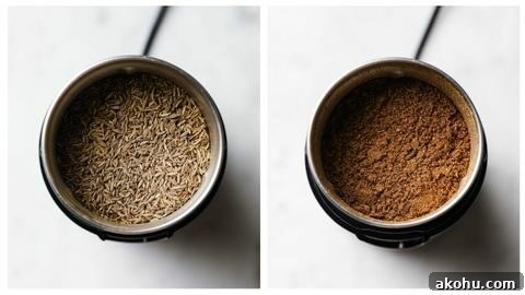 Raw cumin seeds in a spice grinder and ground up cumin seeds in spice grinder.