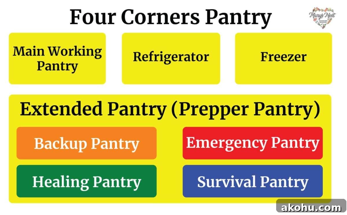 27 Top Survival Foods to Stock Now in Your Prepper Pantry 2 The Four Corners Pantry consists of your Main Working Pantry, Refrigerator, Freezer, and Prepper Pantry.