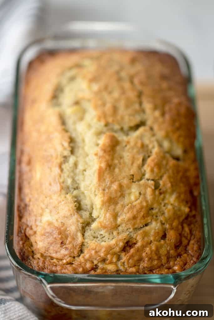 Moist Banana Bread Recipe From Scratch 2 A glass loaf pan with freshly baked banana bread made with greek yogurt.