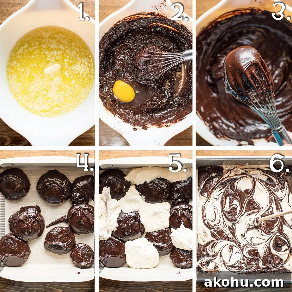 A series of photographs demonstrating the steps to mix and blend the cheesecake and brownie batters.