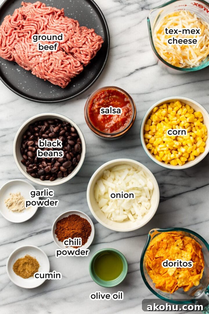 Cheesy Taco Casserole with Beef and Crispy Tortilla Topping 3 ingredients in small bowls for taco casserole