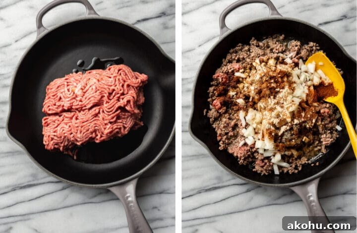 Cheesy Taco Casserole with Beef and Crispy Tortilla Topping 4 cooking ground beef with onion and spices in a cast iron skillet