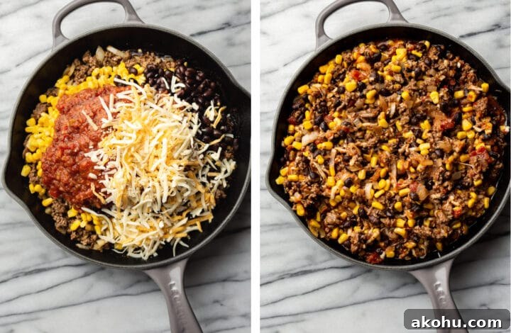 Cheesy Taco Casserole with Beef and Crispy Tortilla Topping 5 adding in corn, cheese, salsa, and black beans