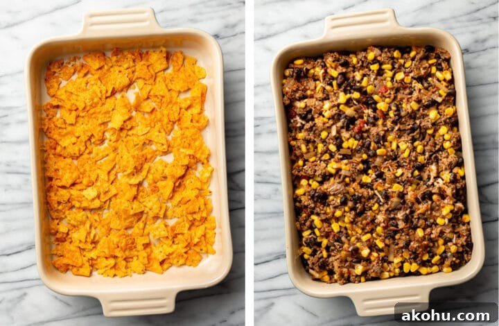 Cheesy Taco Casserole with Beef and Crispy Tortilla Topping 6 adding doritos and beef mixture to a casserole dish