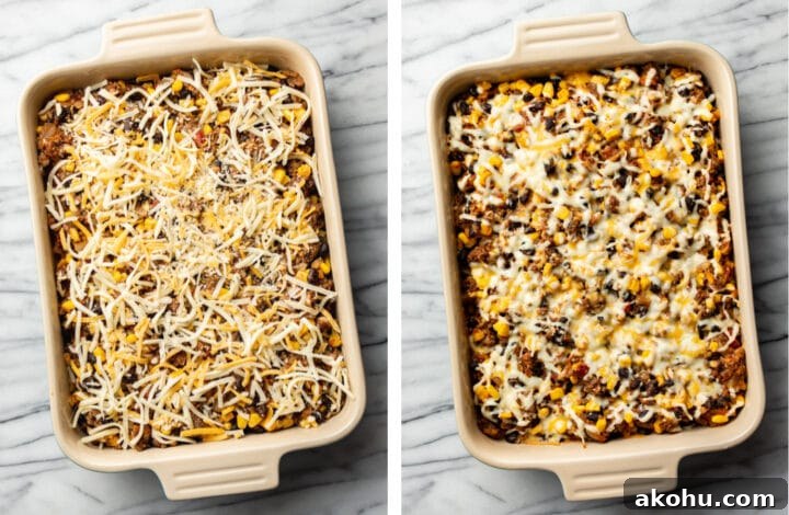 Cheesy Taco Casserole with Beef and Crispy Tortilla Topping 7 taco casserole with cheese before and after baking