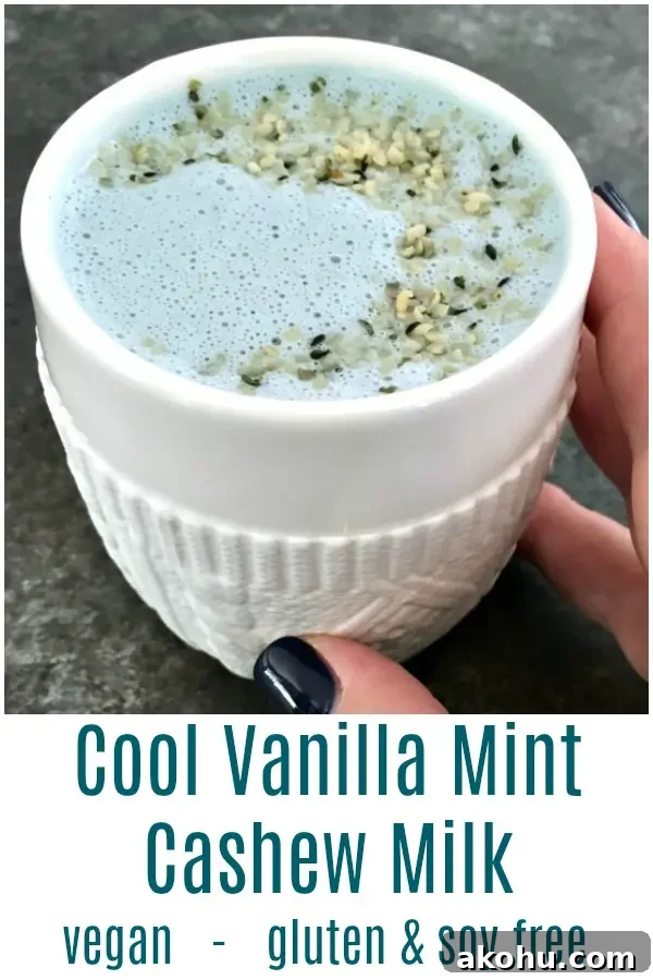 pale blue vanilla mint cashew milk in a white mug