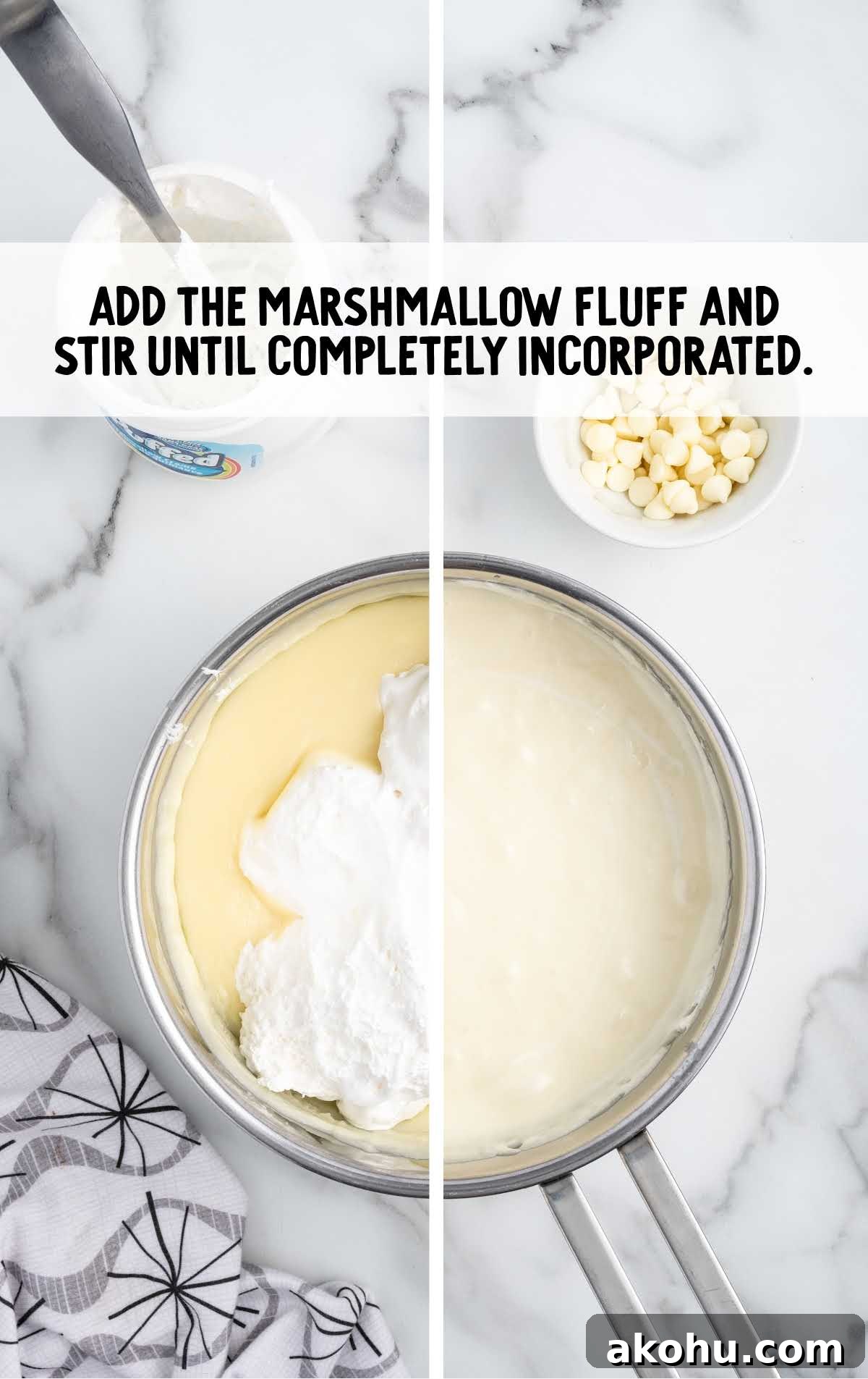 marshmallows fluff added to the white baking chip mixture