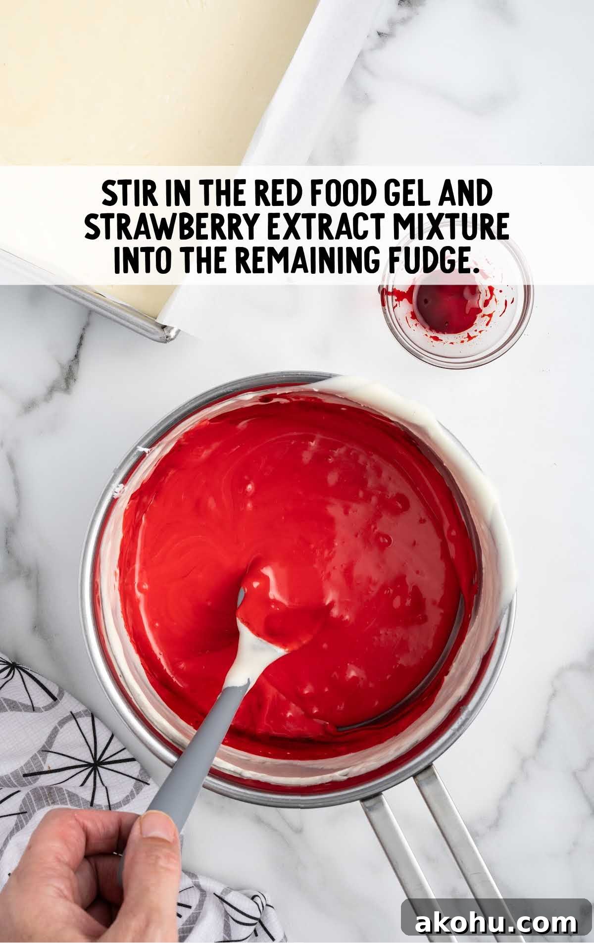 red food coloring and strawberry extract stirred into the fudge
