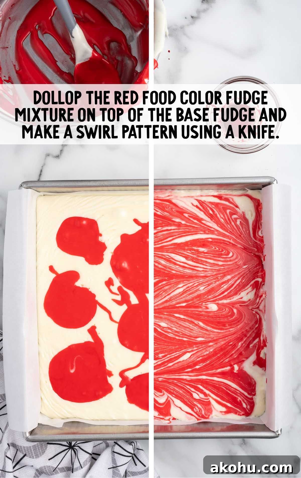 red food coloring dollop on top of the base fudge