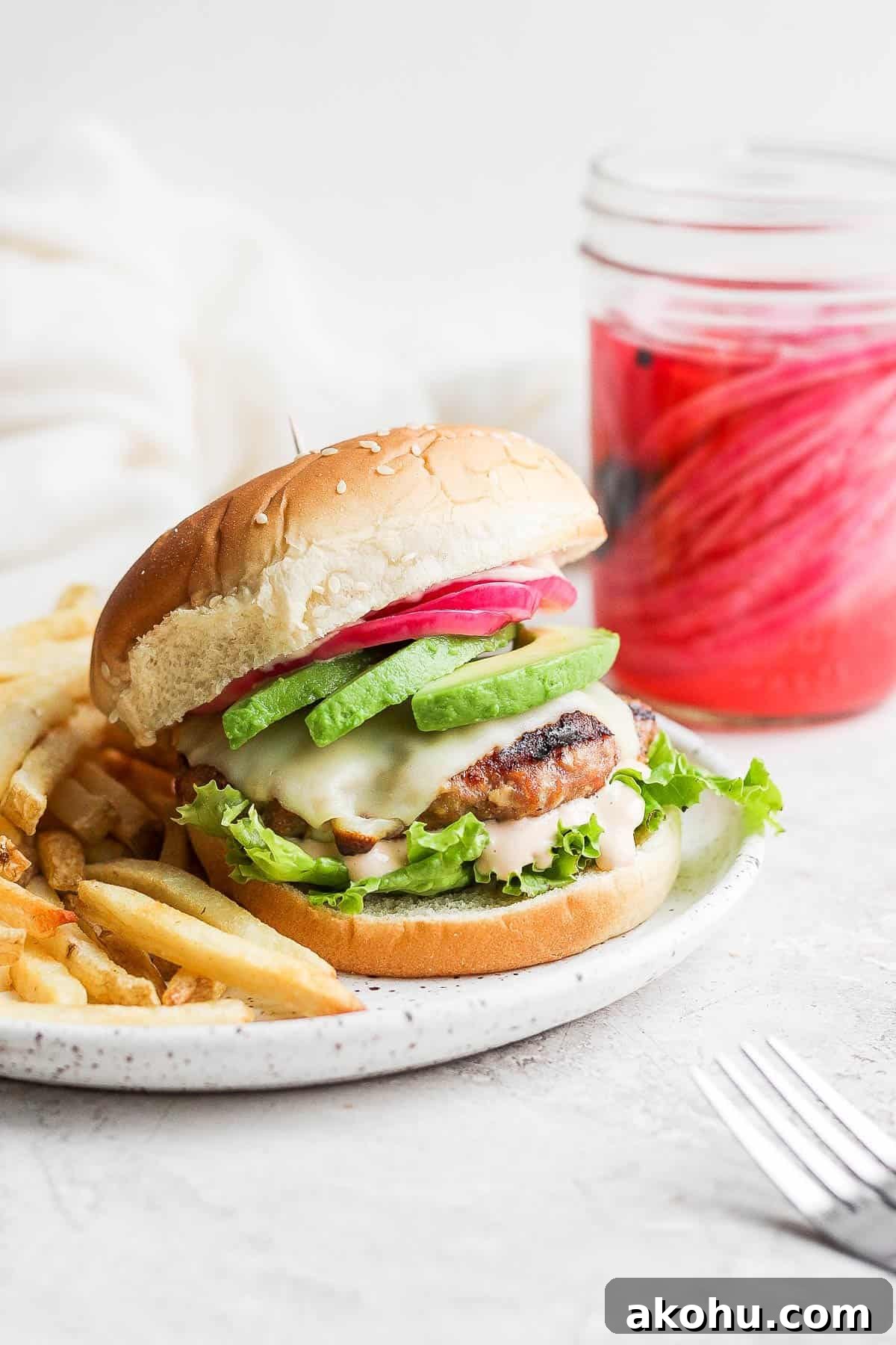 A juicy avocado turkey burger.