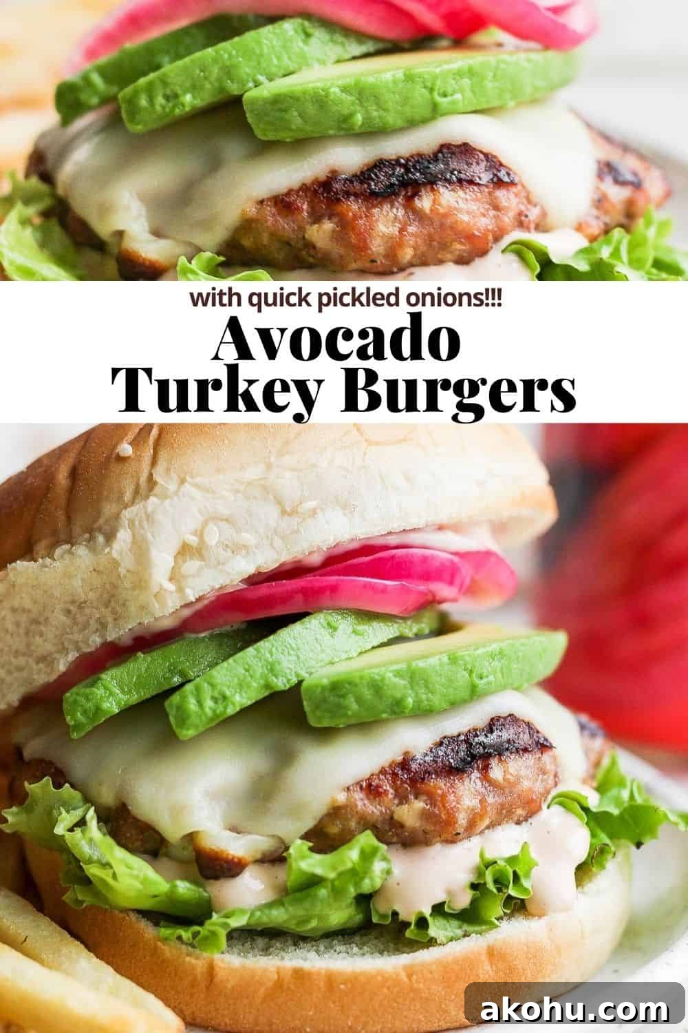Pinterest image for an avocado turkey burger.