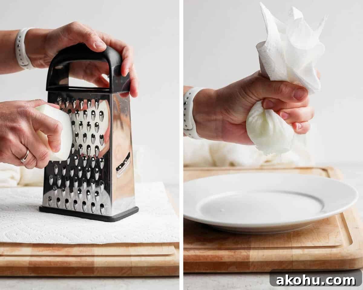 Two images showing the onion being grated and squeezing the liquid out.