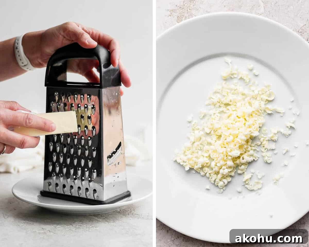 Two images showing the butter being grated and then on a white plate.