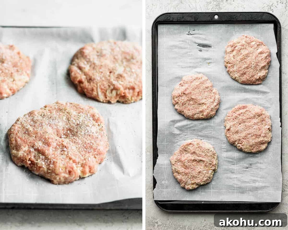 Two images showing the turkey burger patties on a parchment-lined baking sheet and then after coming out of the freezer.