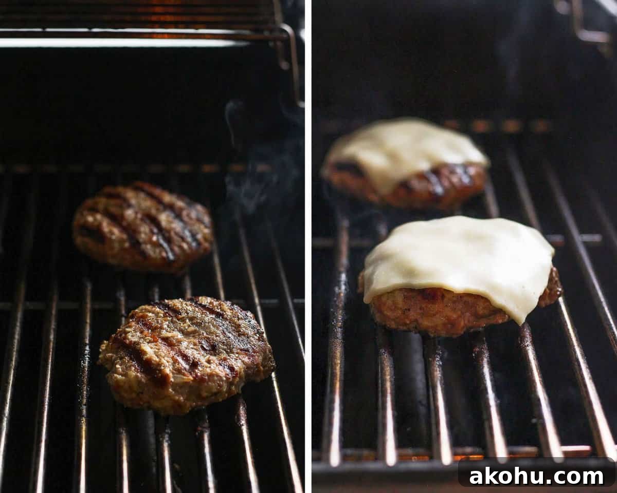Two images showing the turkey burgers on the grill and then with cheese on top.
