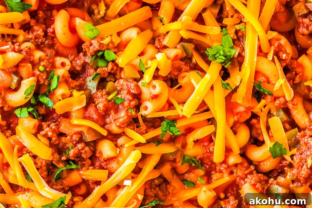 The finished sloppy joe pasta in a pan.