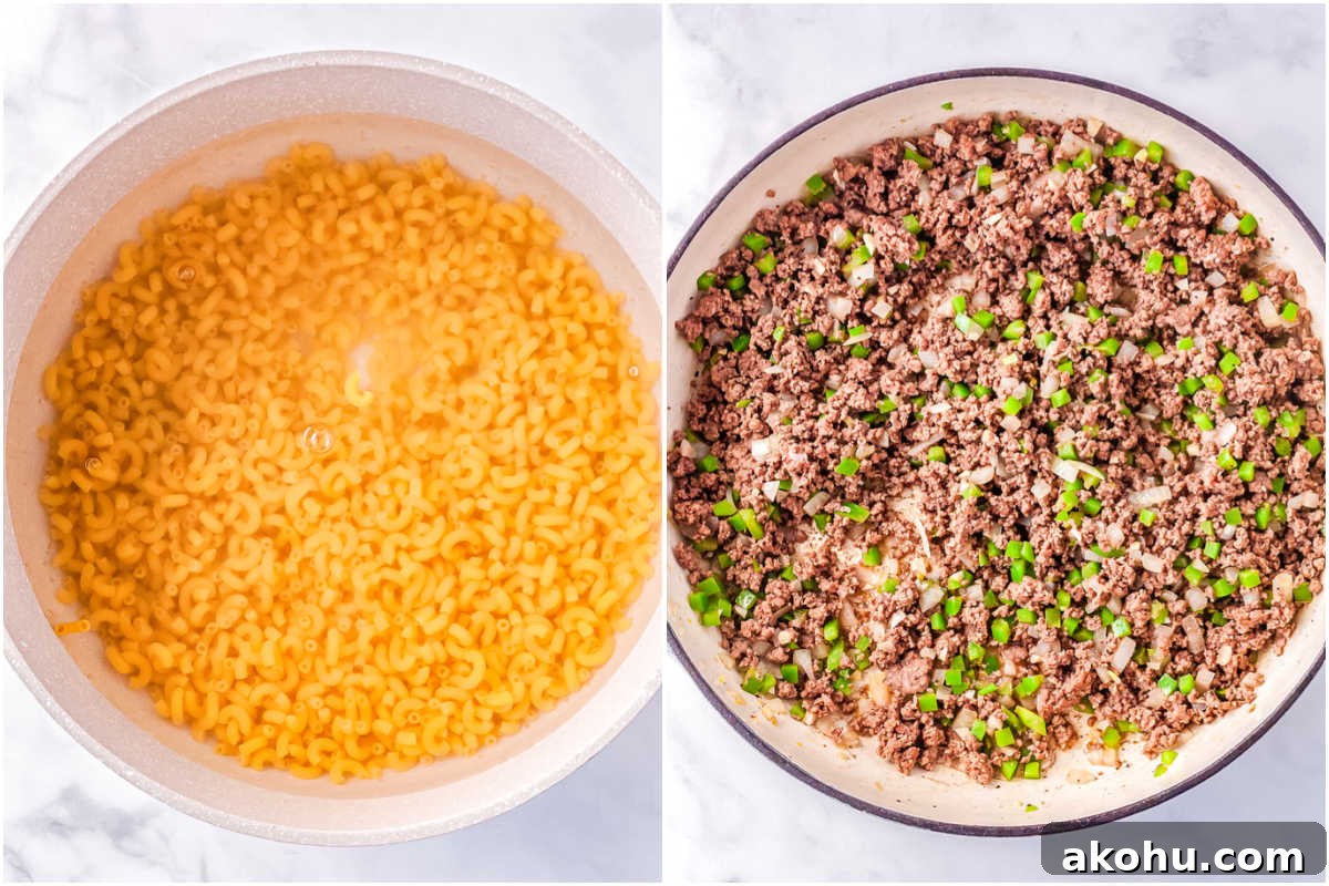 The cooked pasta in a pot and the ground beef, onion, and bell pepper cooked in a pan.