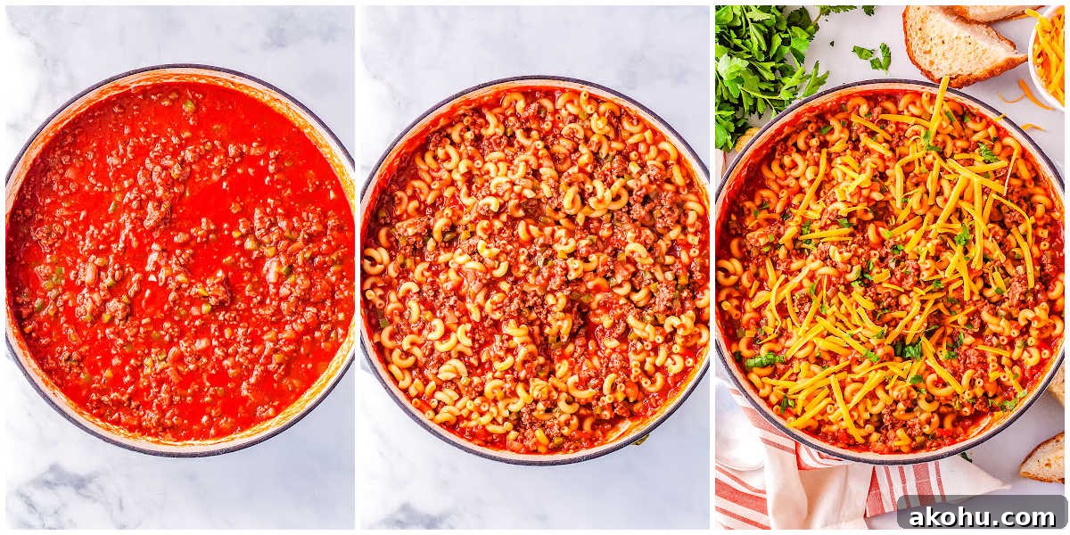The sloppy joe pasta sauce cooked in a pan and then mixed with cooked macaroni pasta.
