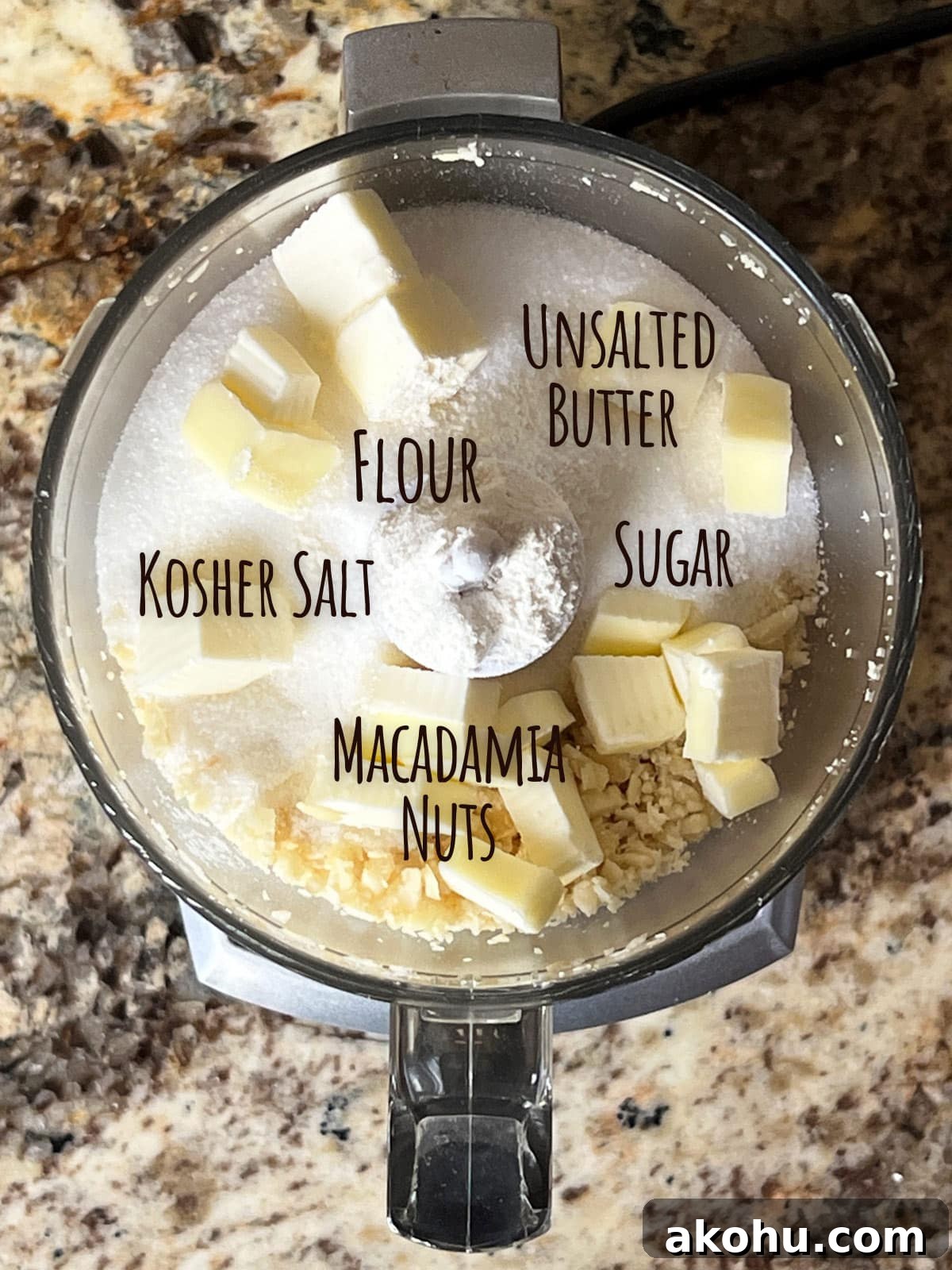 Ingredient shot for key lime bite show the crust ingredients - sugar, salt, macadamia nuts, flour and butter.