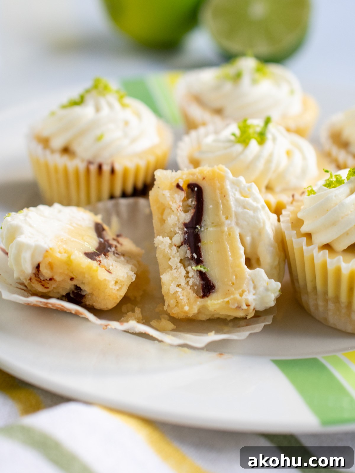 Cut open mini key lime pie to see the chocolate layer.