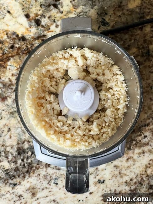 Macadamia nuts in food processor partially chopped.