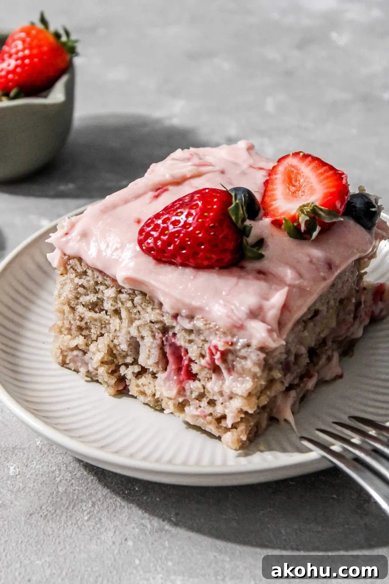 strawberry sheet cake slice on plate (1)