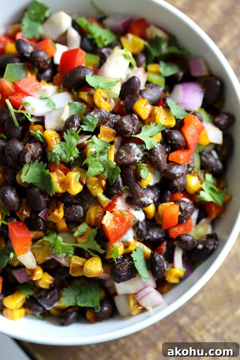 Mexican Street Corn Salad with Black Beans and Chipotle Mayo. Elote Bean Salad. Serve with Tortilla Chips.