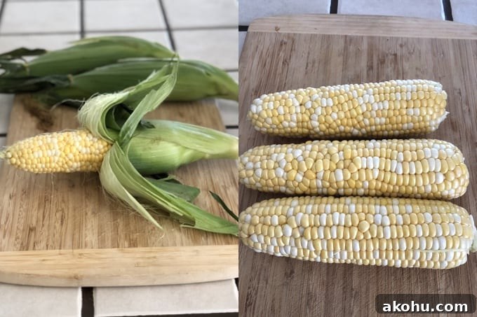 Three ears corn on the cob with husks next two three ears with husks and silks removed.